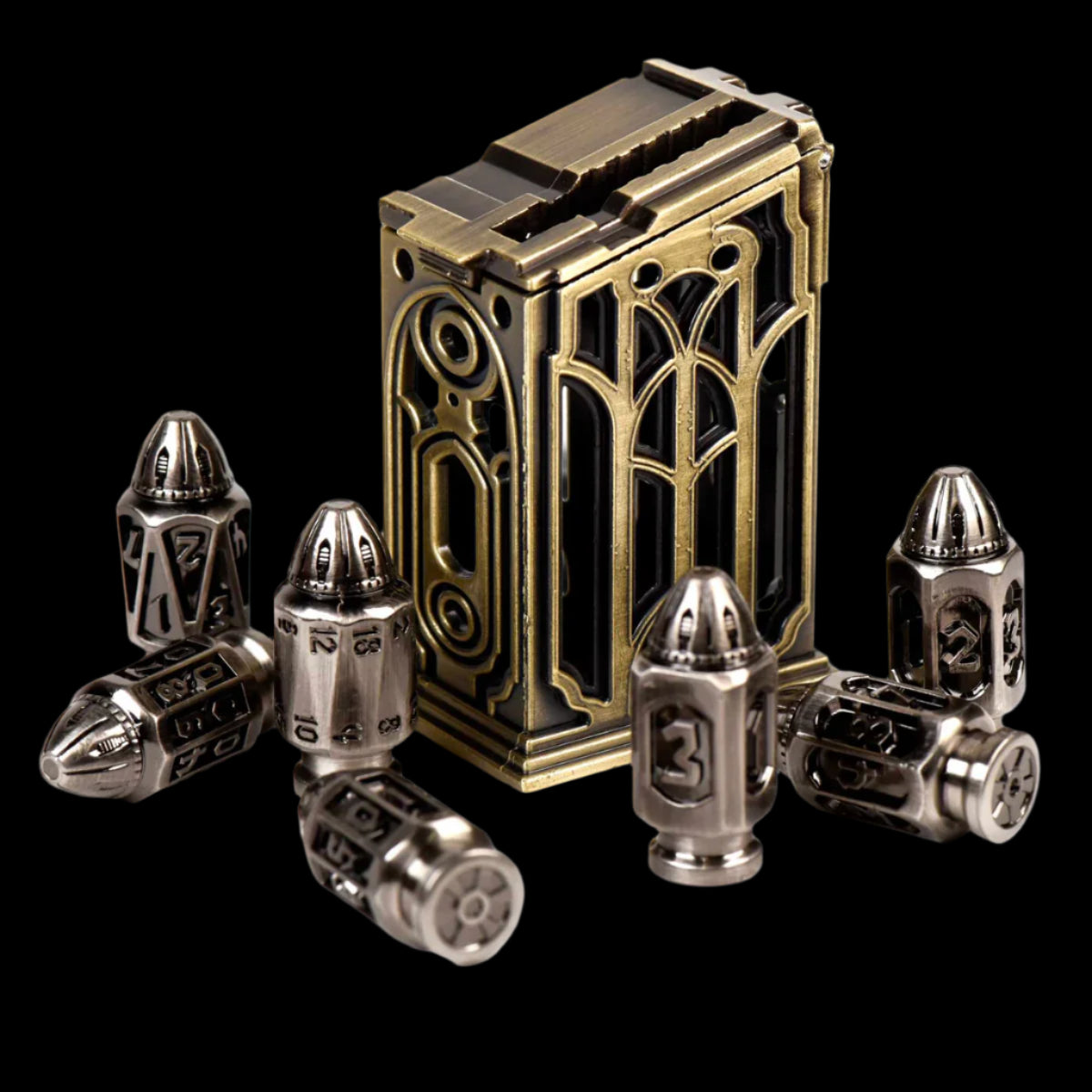 7 Shooter Iron Dice Set (7 Dice + Magazine Storage Box)